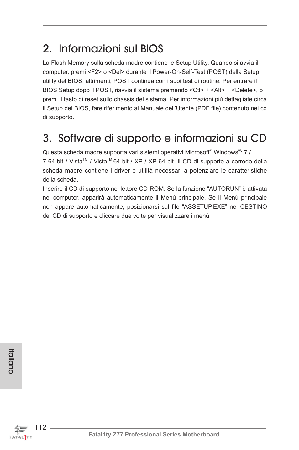 Informazioni sul bios, Software di supporto e informazioni su cd, Italiano | ASRock Fatal1ty Z77 Professional User Manual | Page 112 / 243