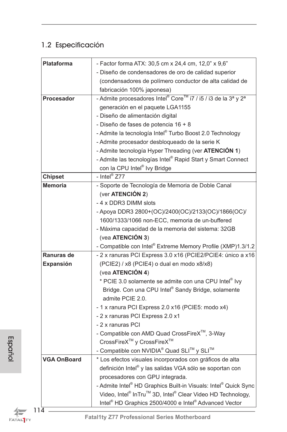 2 especificación, Español | ASRock Fatal1ty Z77 Professional User Manual | Page 114 / 243