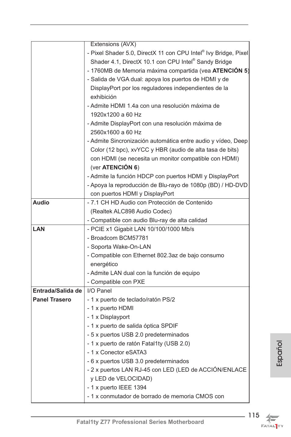 Español | ASRock Fatal1ty Z77 Professional User Manual | Page 115 / 243