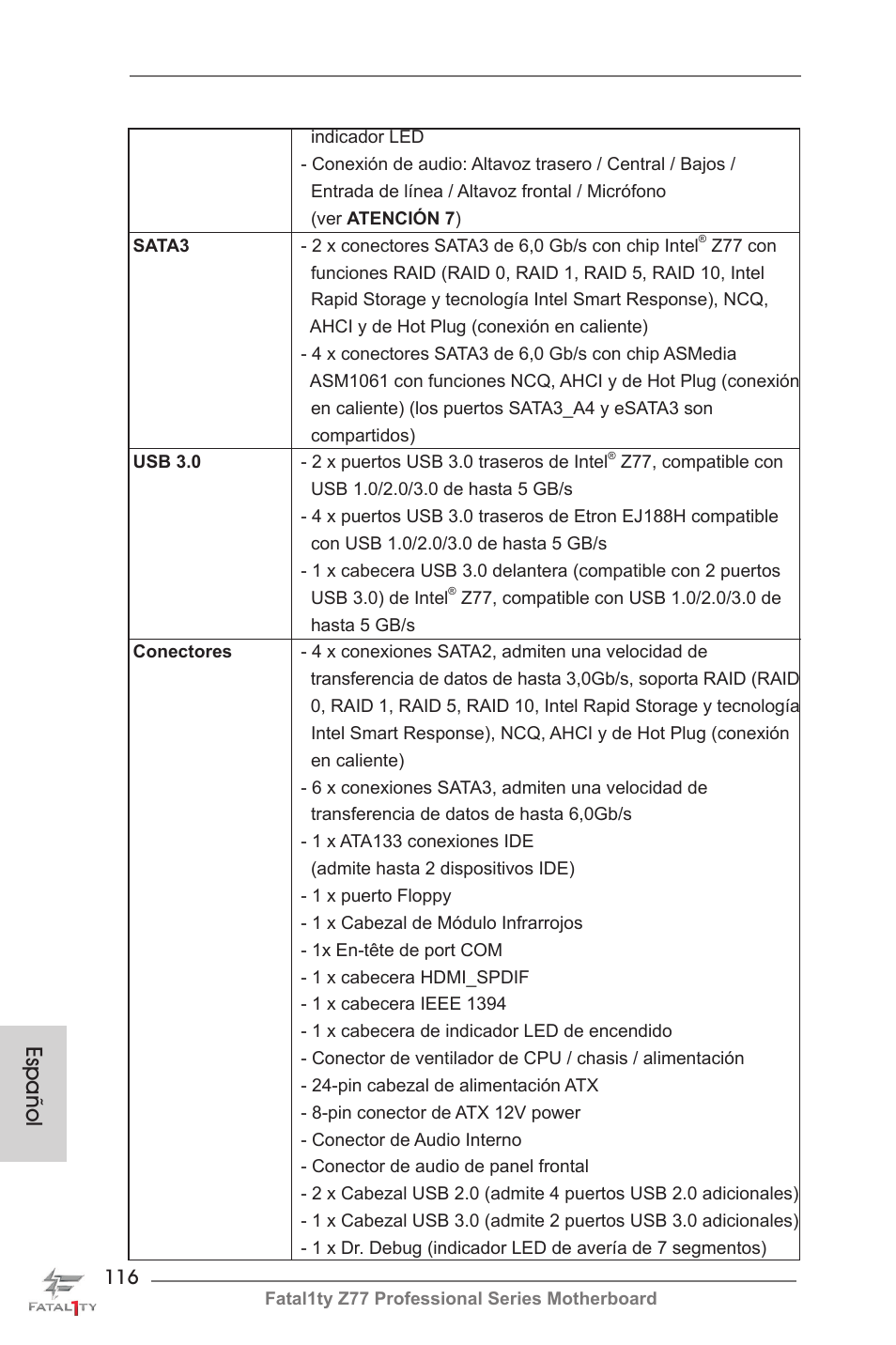 Español | ASRock Fatal1ty Z77 Professional User Manual | Page 116 / 243
