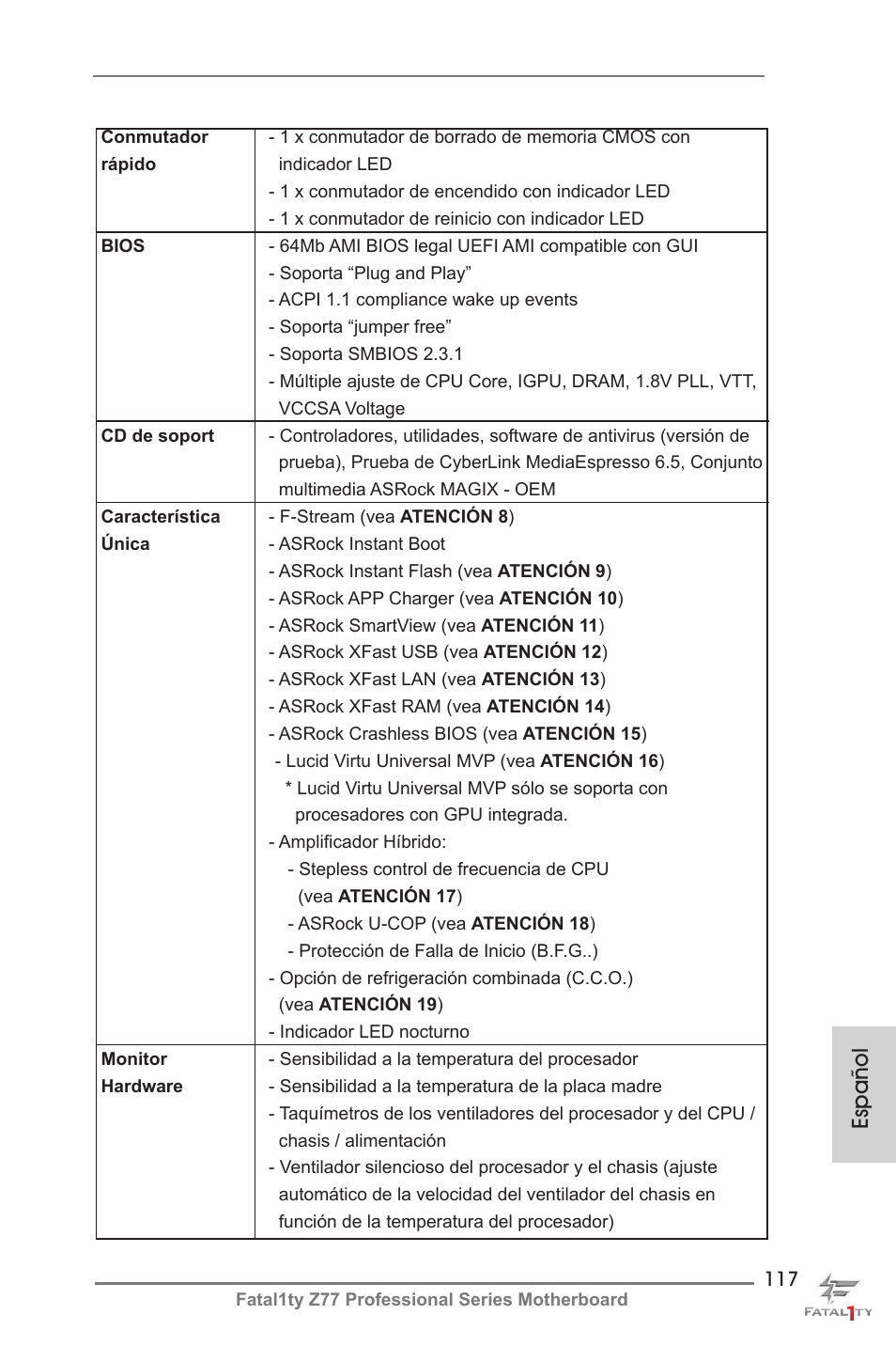 Español | ASRock Fatal1ty Z77 Professional User Manual | Page 117 / 243