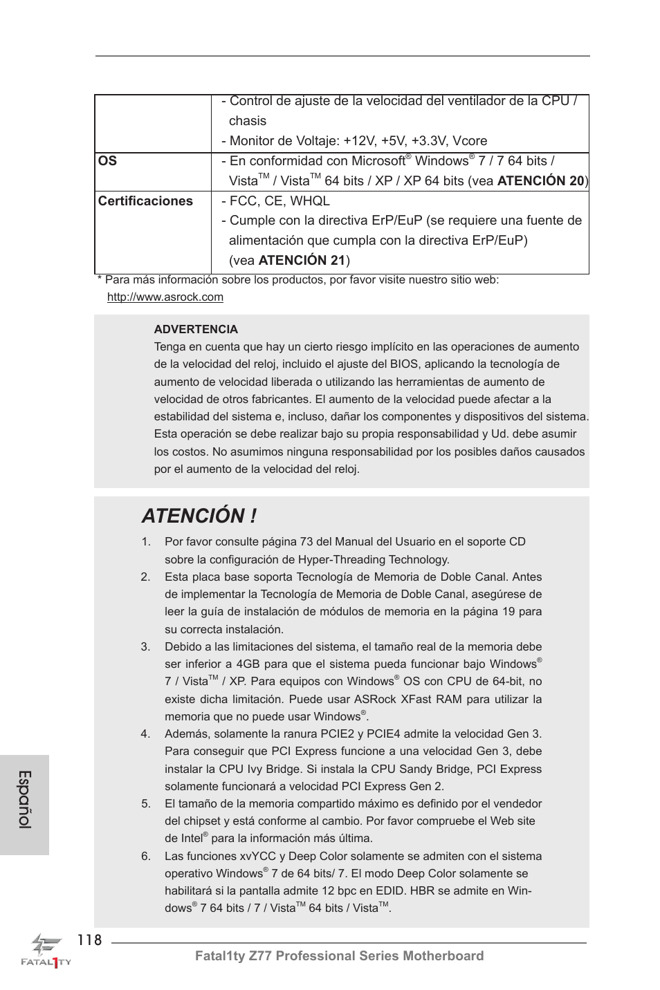 Atención, Español | ASRock Fatal1ty Z77 Professional User Manual | Page 118 / 243