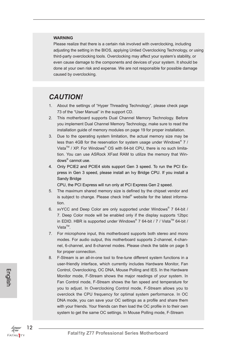 Caution, English, Fatal1ty z77 professional series motherboard | ASRock Fatal1ty Z77 Professional User Manual | Page 12 / 243