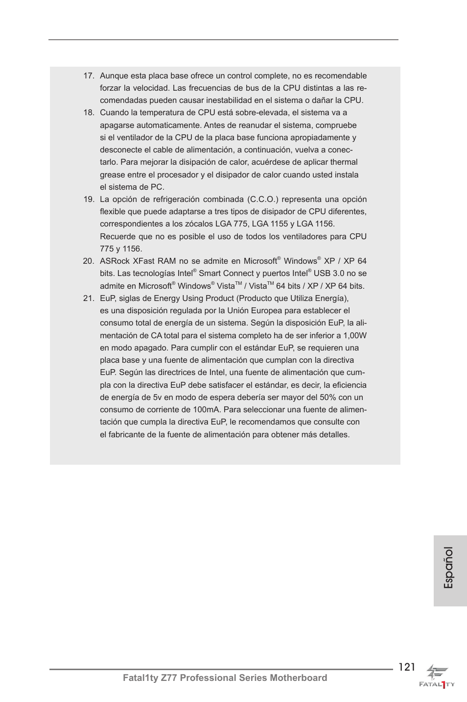 Español, Fatal1ty z77 professional series motherboard | ASRock Fatal1ty Z77 Professional User Manual | Page 121 / 243