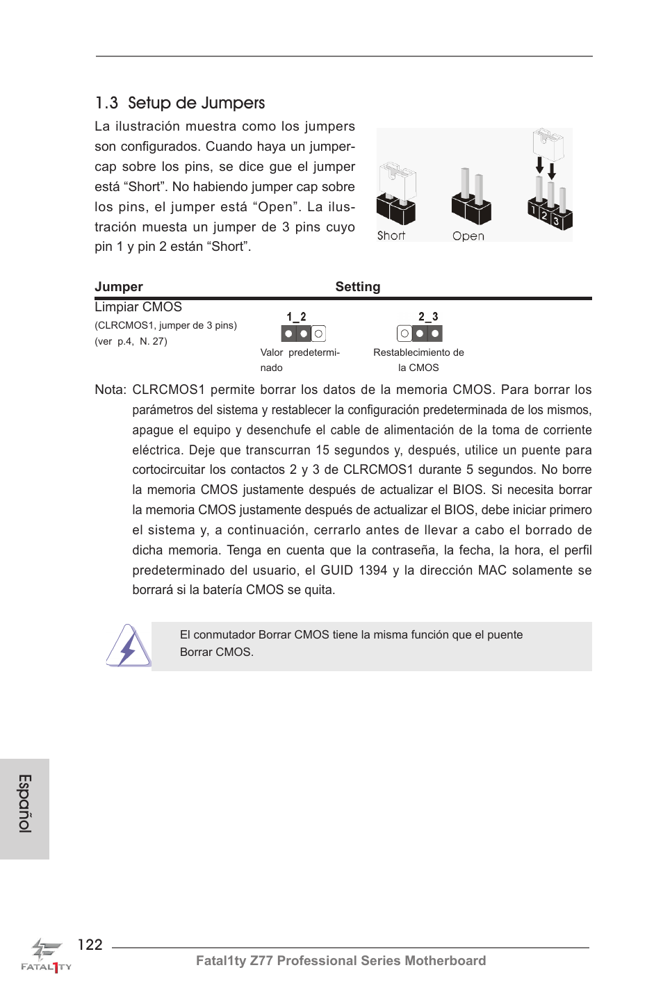 3 setup de jumpers, Español | ASRock Fatal1ty Z77 Professional User Manual | Page 122 / 243
