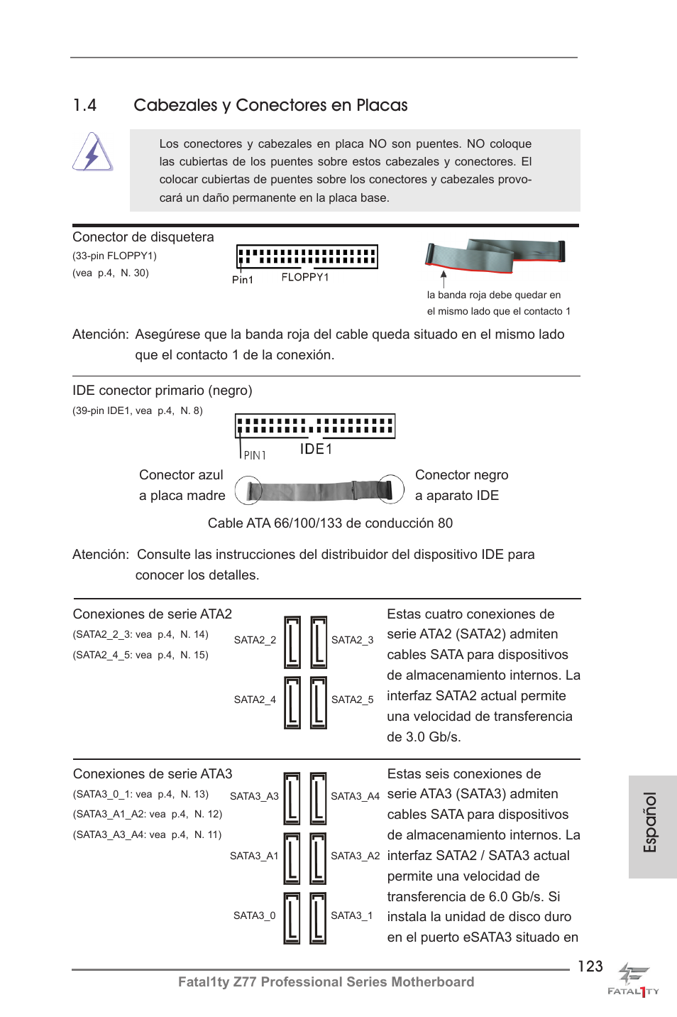 Español, 4 cabezales y conectores en placas | ASRock Fatal1ty Z77 Professional User Manual | Page 123 / 243