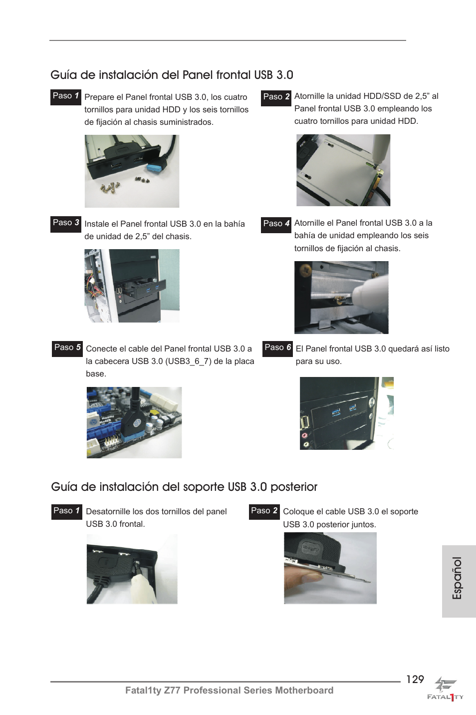 Guía de instalación del soporte usb 3.0 posterior | ASRock Fatal1ty Z77 Professional User Manual | Page 129 / 243