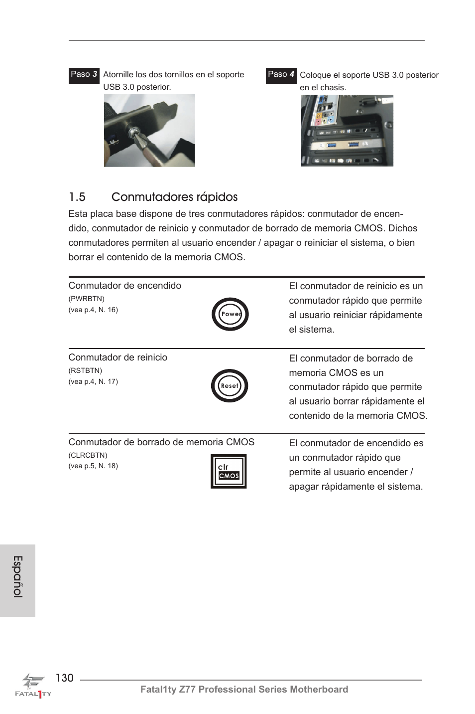 Español 1.5 conmutadores rápidos | ASRock Fatal1ty Z77 Professional User Manual | Page 130 / 243