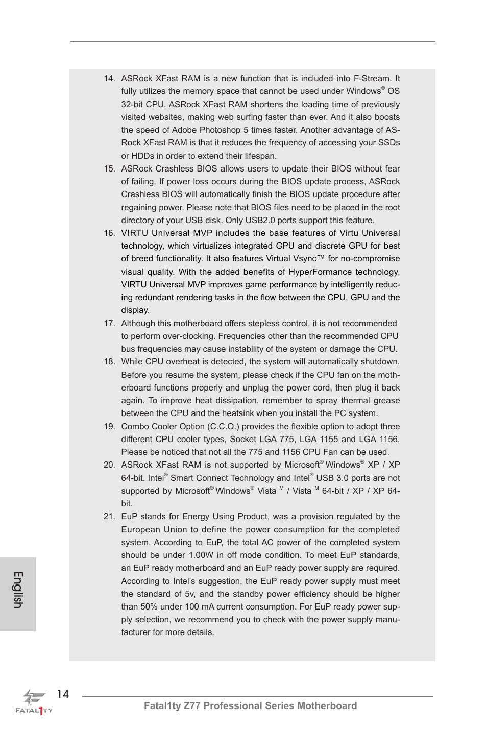 English, Fatal1ty z77 professional series motherboard | ASRock Fatal1ty Z77 Professional User Manual | Page 14 / 243