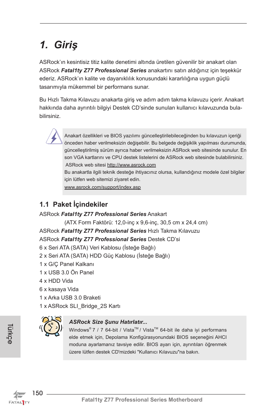 Turkish, Giriş, 1 paket içindekiler | Türkçe | ASRock Fatal1ty Z77 Professional User Manual | Page 150 / 243