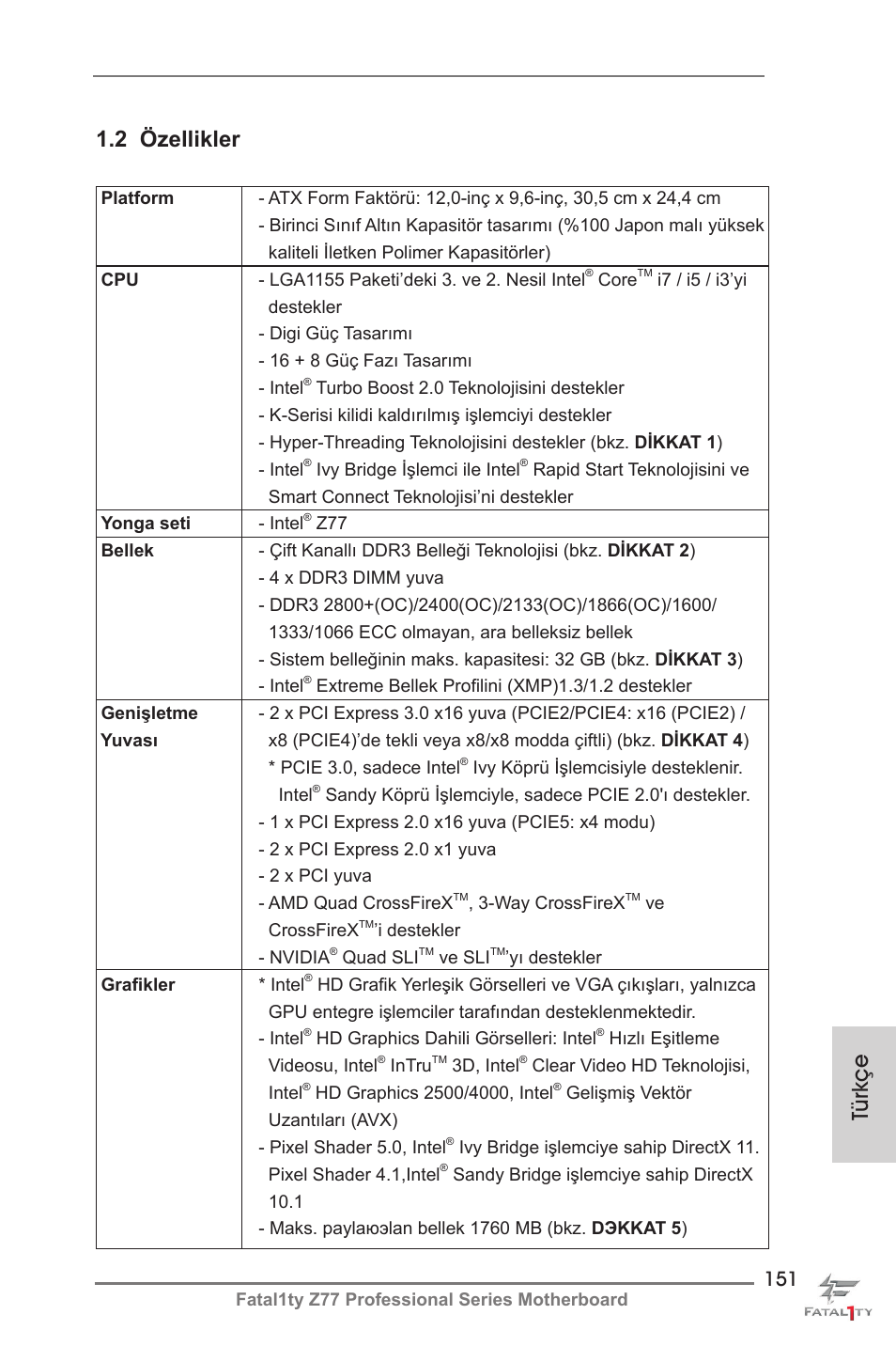 Türkçe, 2 özellikler | ASRock Fatal1ty Z77 Professional User Manual | Page 151 / 243