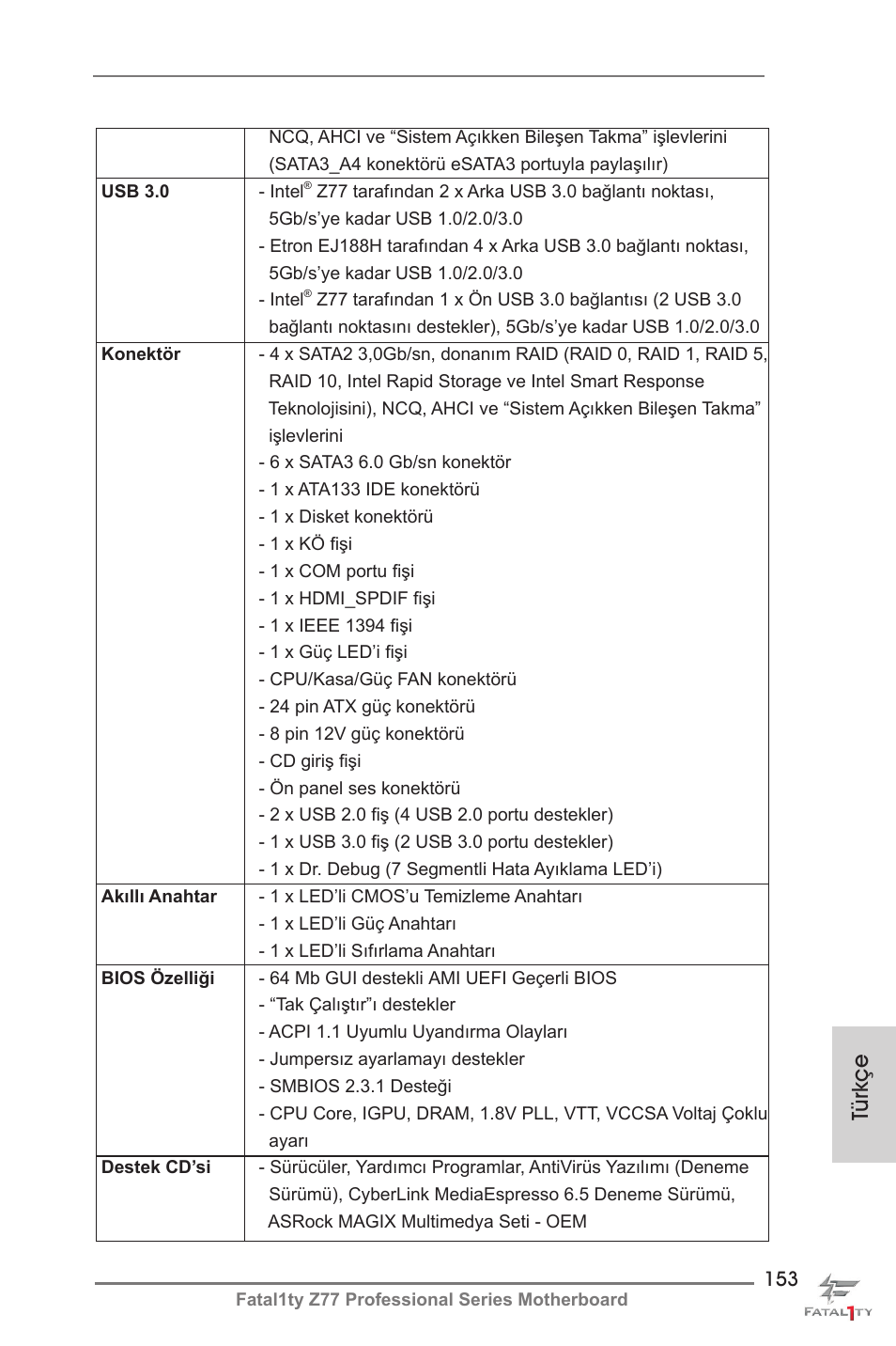Türkçe | ASRock Fatal1ty Z77 Professional User Manual | Page 153 / 243
