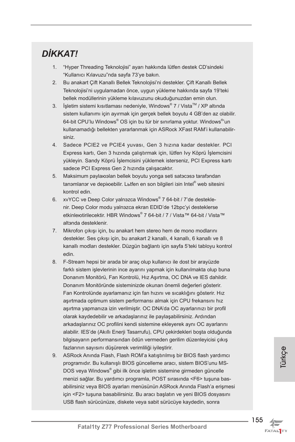 Dikkat, Türkçe, Fatal1ty z77 professional series motherboard | ASRock Fatal1ty Z77 Professional User Manual | Page 155 / 243