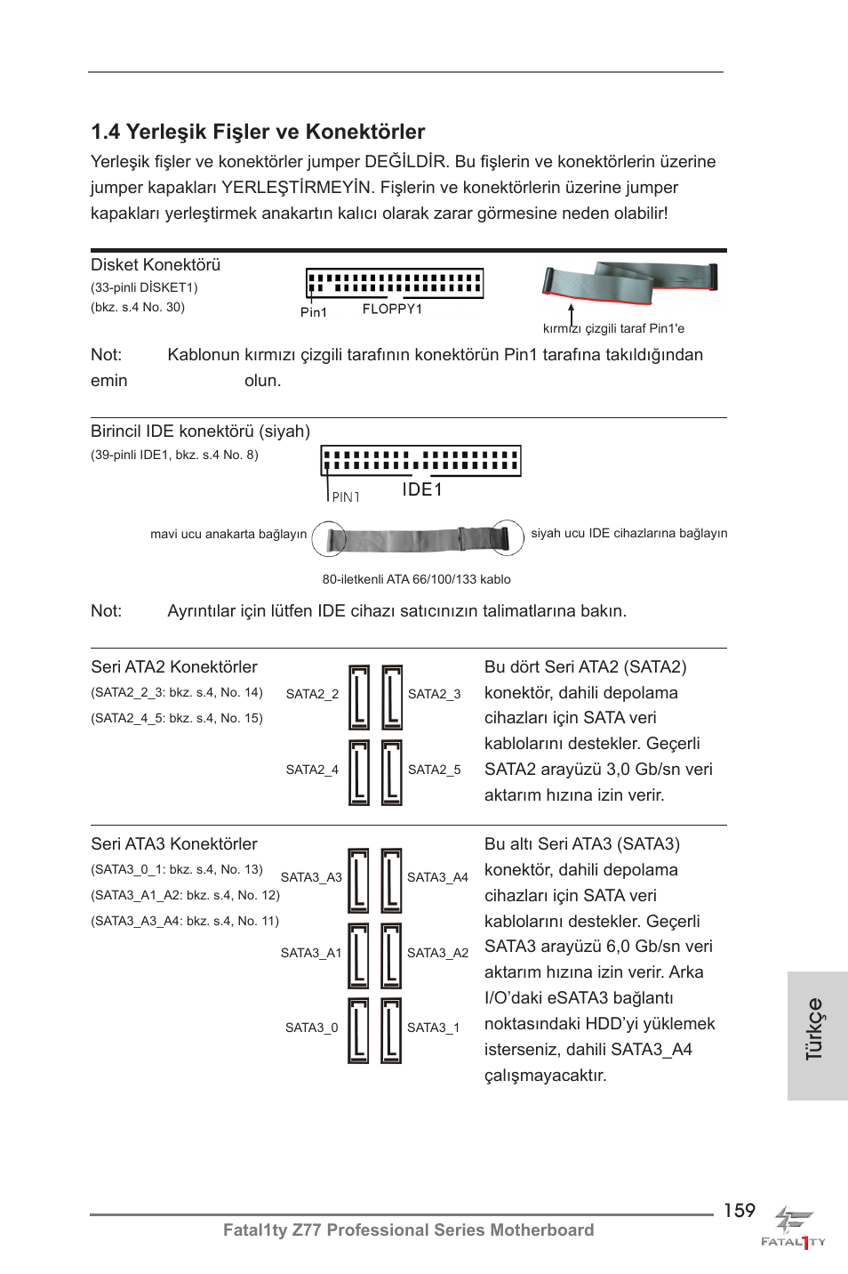 Türkçe, 4 yerleşik fişler ve konektörler | ASRock Fatal1ty Z77 Professional User Manual | Page 159 / 243