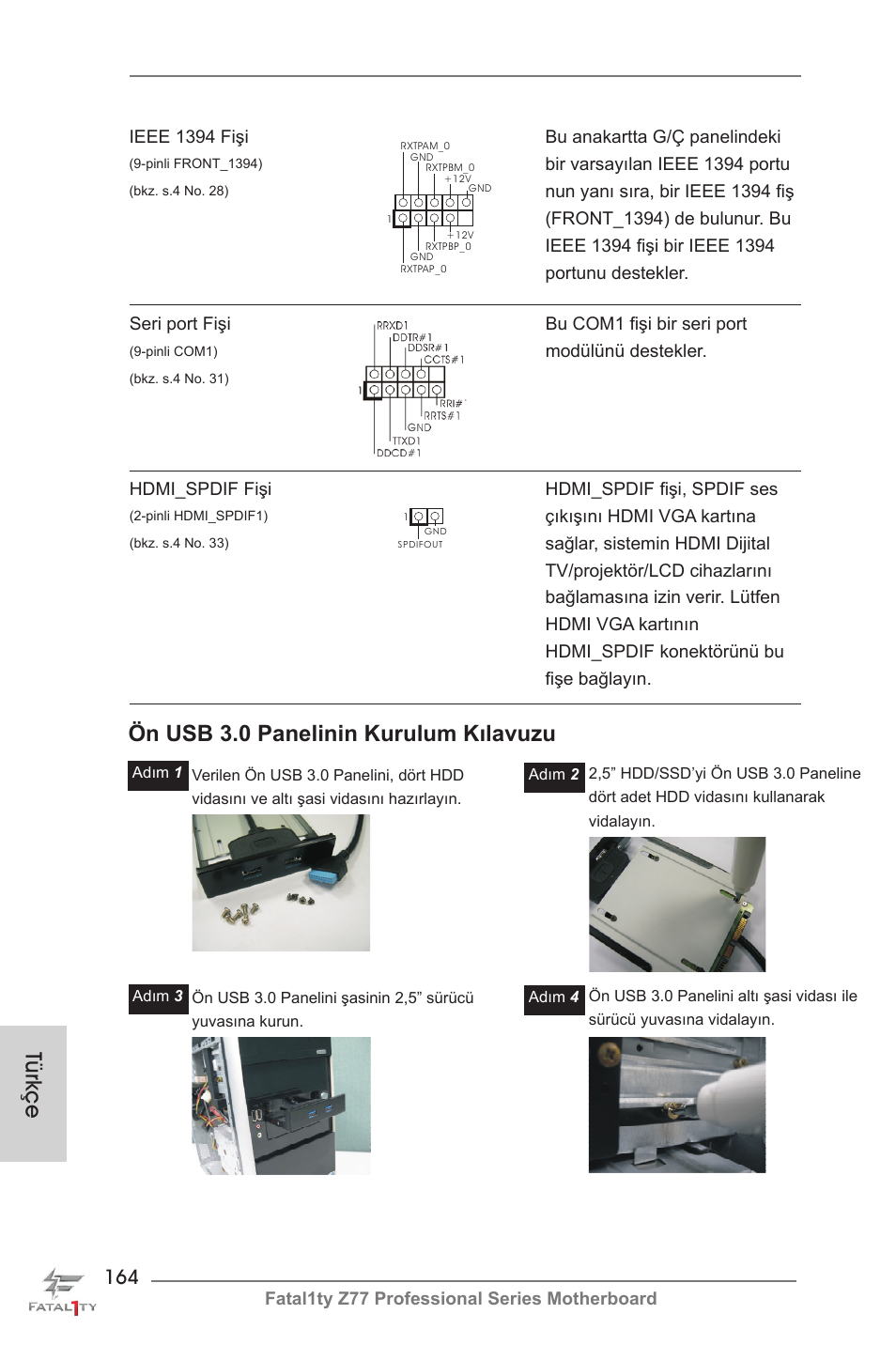 Ön usb 3.0 panelinin kurulum kılavuzu, Türkçe | ASRock Fatal1ty Z77 Professional User Manual | Page 164 / 243