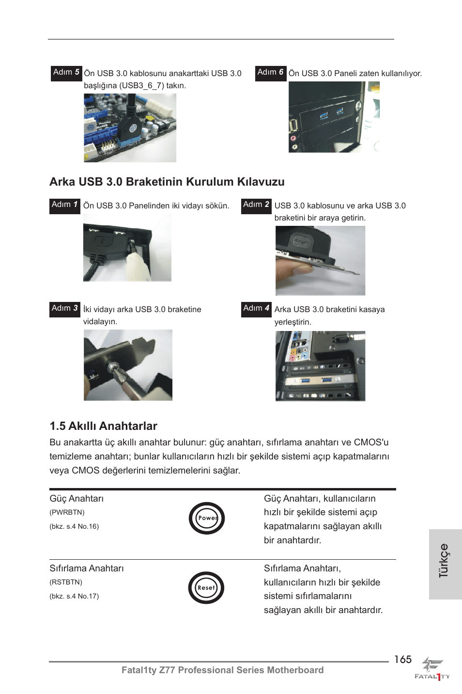 5 akıllı anahtarlar, Türkçe arka usb 3.0 braketinin kurulum kılavuzu | ASRock Fatal1ty Z77 Professional User Manual | Page 165 / 243