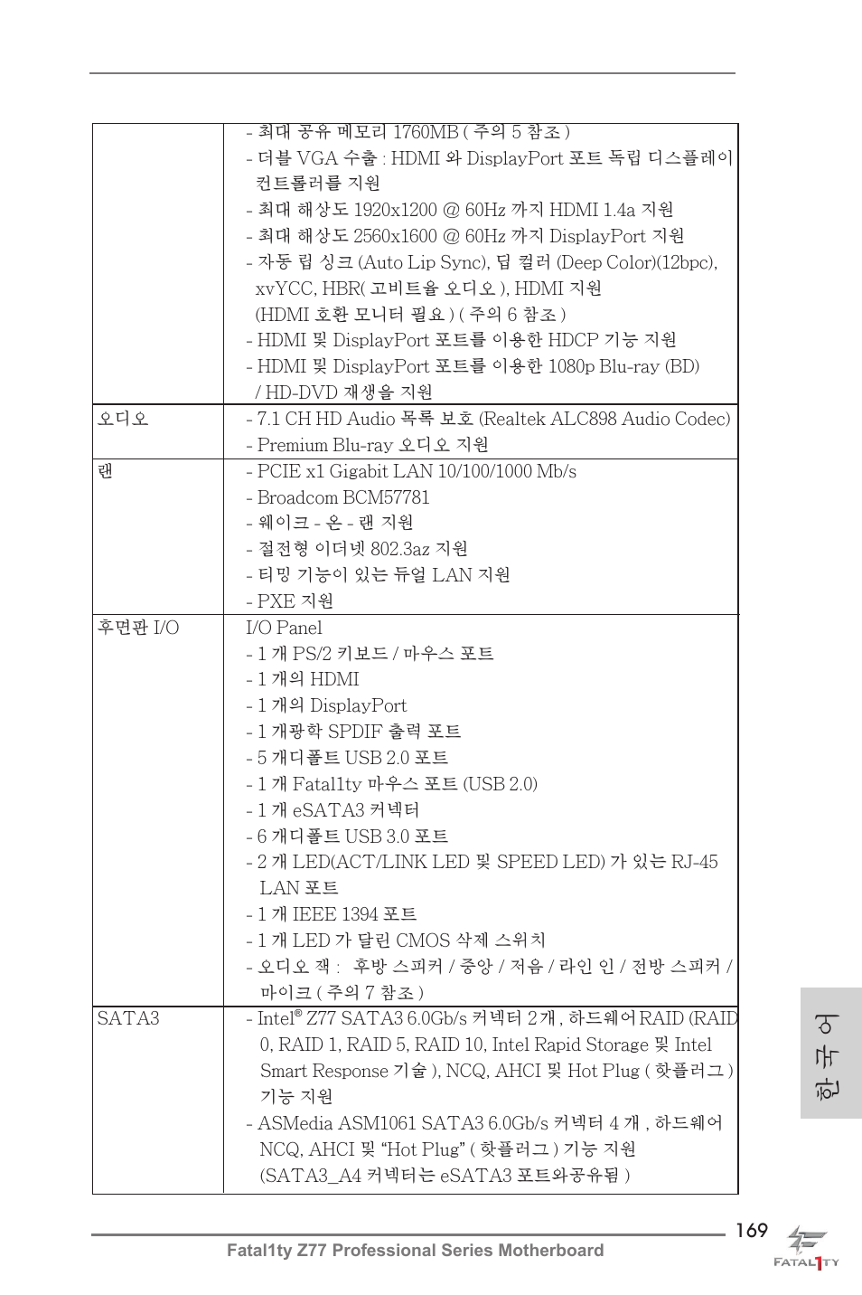 한 국 어 | ASRock Fatal1ty Z77 Professional User Manual | Page 169 / 243