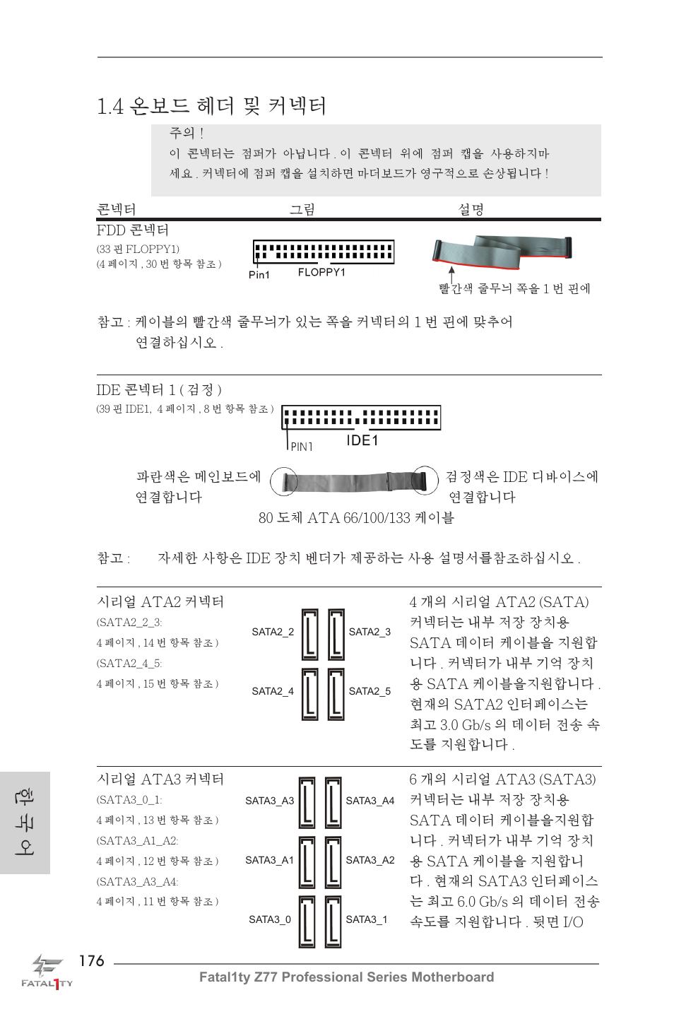 한 국 어, 4 온보드 헤더 및 커넥터 | ASRock Fatal1ty Z77 Professional User Manual | Page 176 / 243