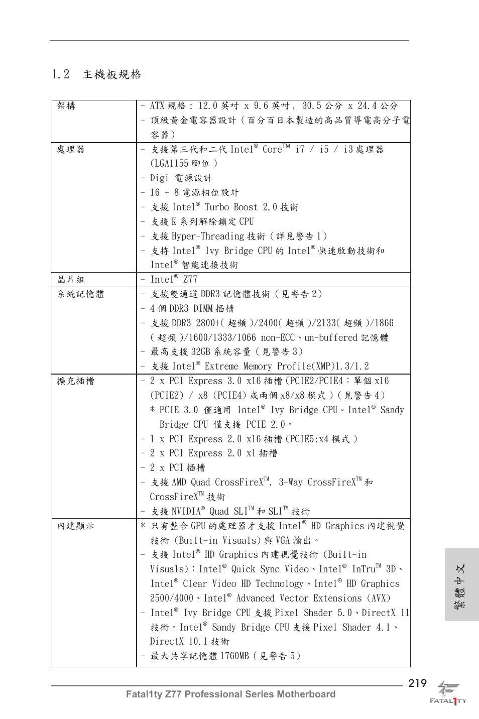 繁體中文 1.2 主機板規格 | ASRock Fatal1ty Z77 Professional User Manual | Page 219 / 243