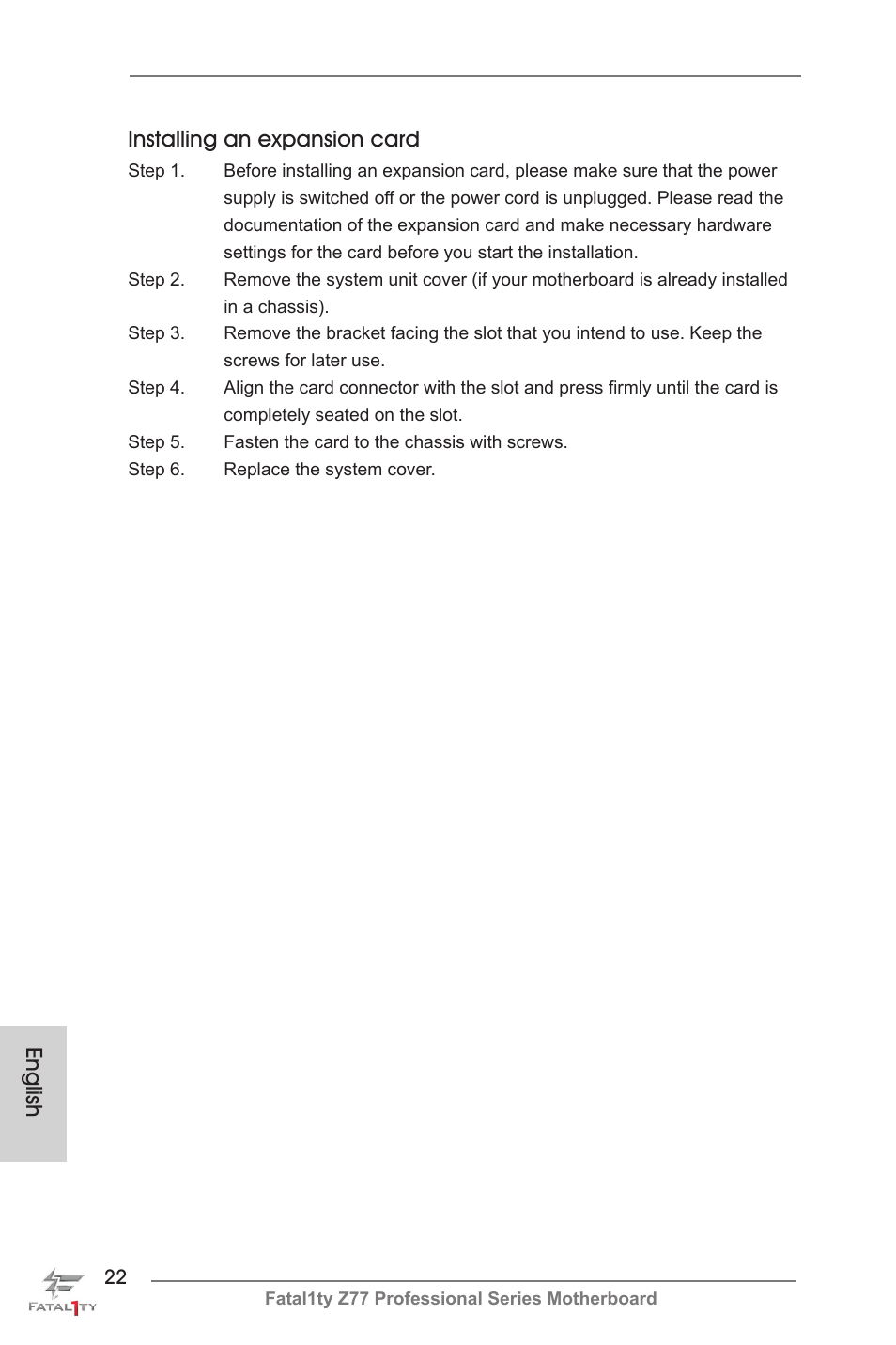 English installing an expansion card | ASRock Fatal1ty Z77 Professional User Manual | Page 22 / 243