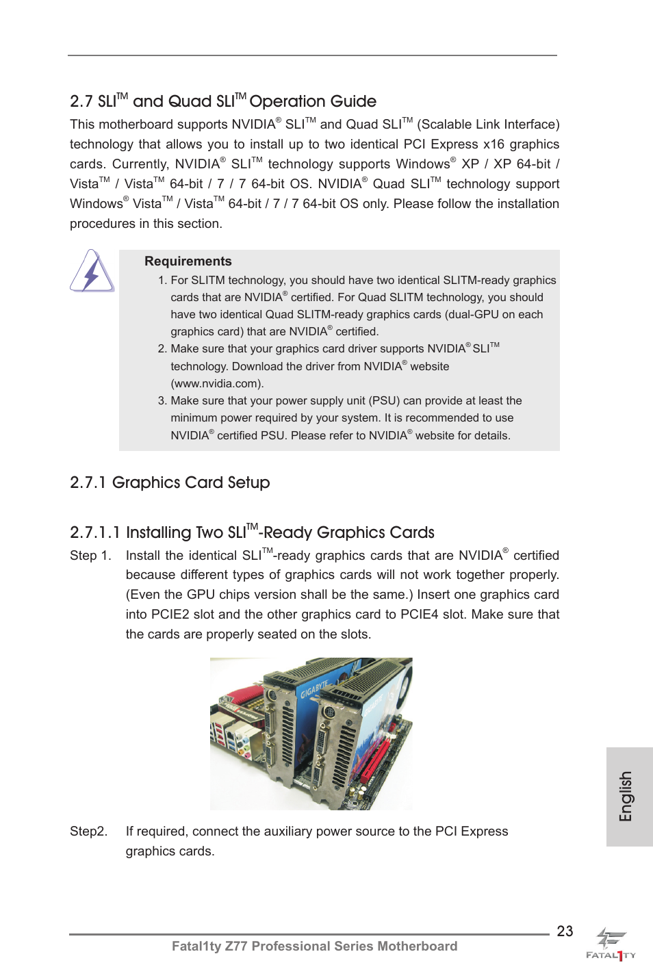 English 2.7 sli, And quad sli, Operation guide | Ready graphics cards | ASRock Fatal1ty Z77 Professional User Manual | Page 23 / 243