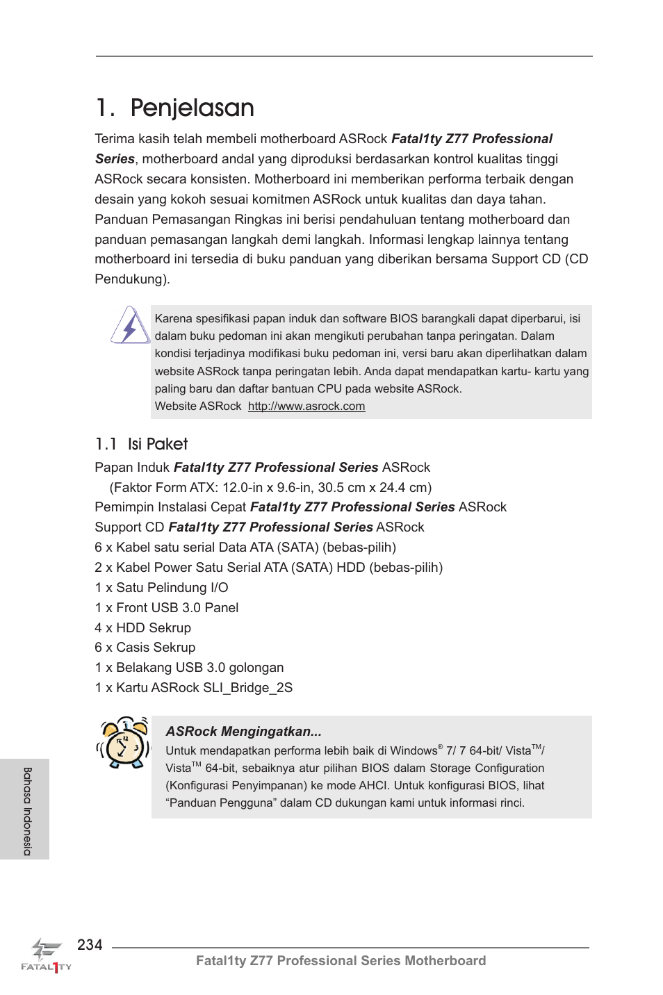 Indonesian, Penjelasan, 1 isi paket | ASRock Fatal1ty Z77 Professional User Manual | Page 234 / 243