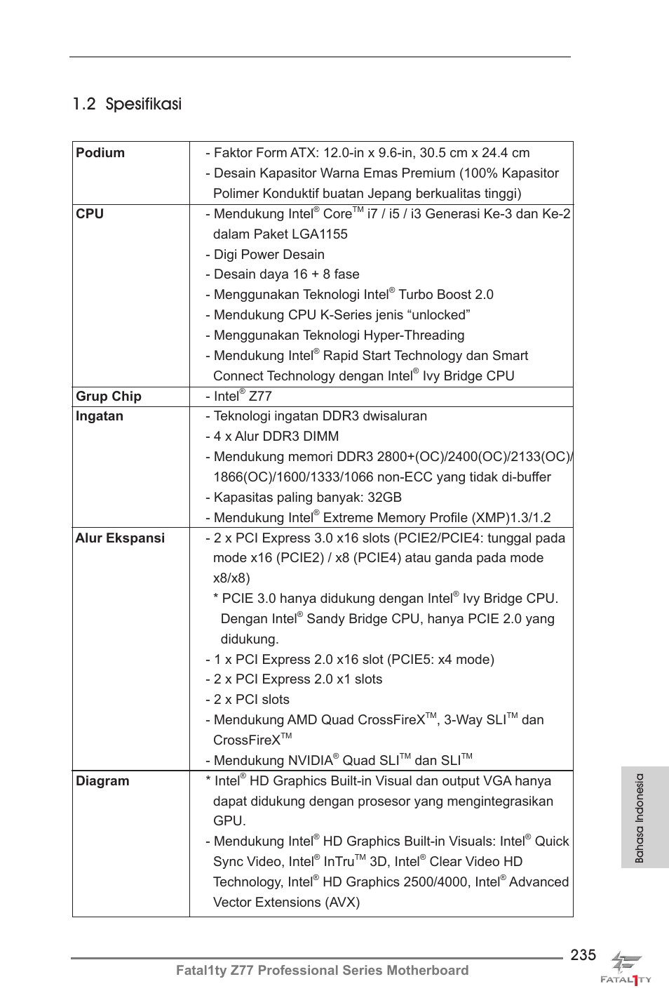 2 spesifikasi | ASRock Fatal1ty Z77 Professional User Manual | Page 235 / 243