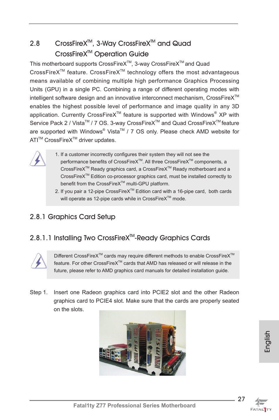 English, 8 crossfirex, Way crossfirex | And quad crossfirex, Operation guide, Ready graphics cards | ASRock Fatal1ty Z77 Professional User Manual | Page 27 / 243