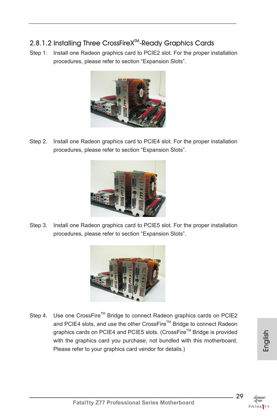 English 2.8.1.2 installing three crossfirex, Ready graphics cards | ASRock Fatal1ty Z77 Professional User Manual | Page 29 / 243