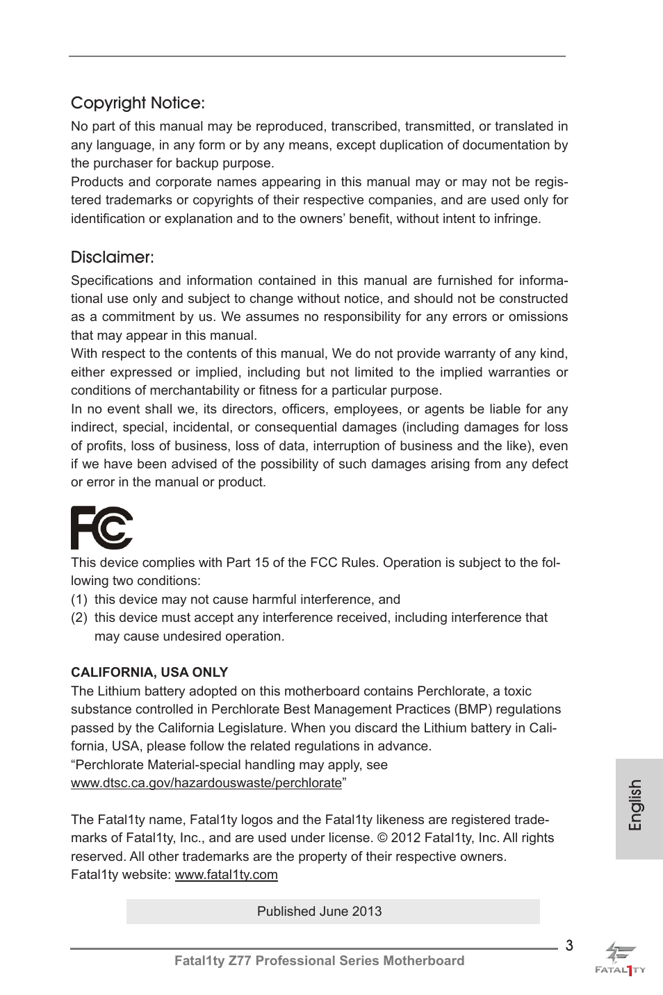 English copyright notice, Disclaimer | ASRock Fatal1ty Z77 Professional User Manual | Page 3 / 243