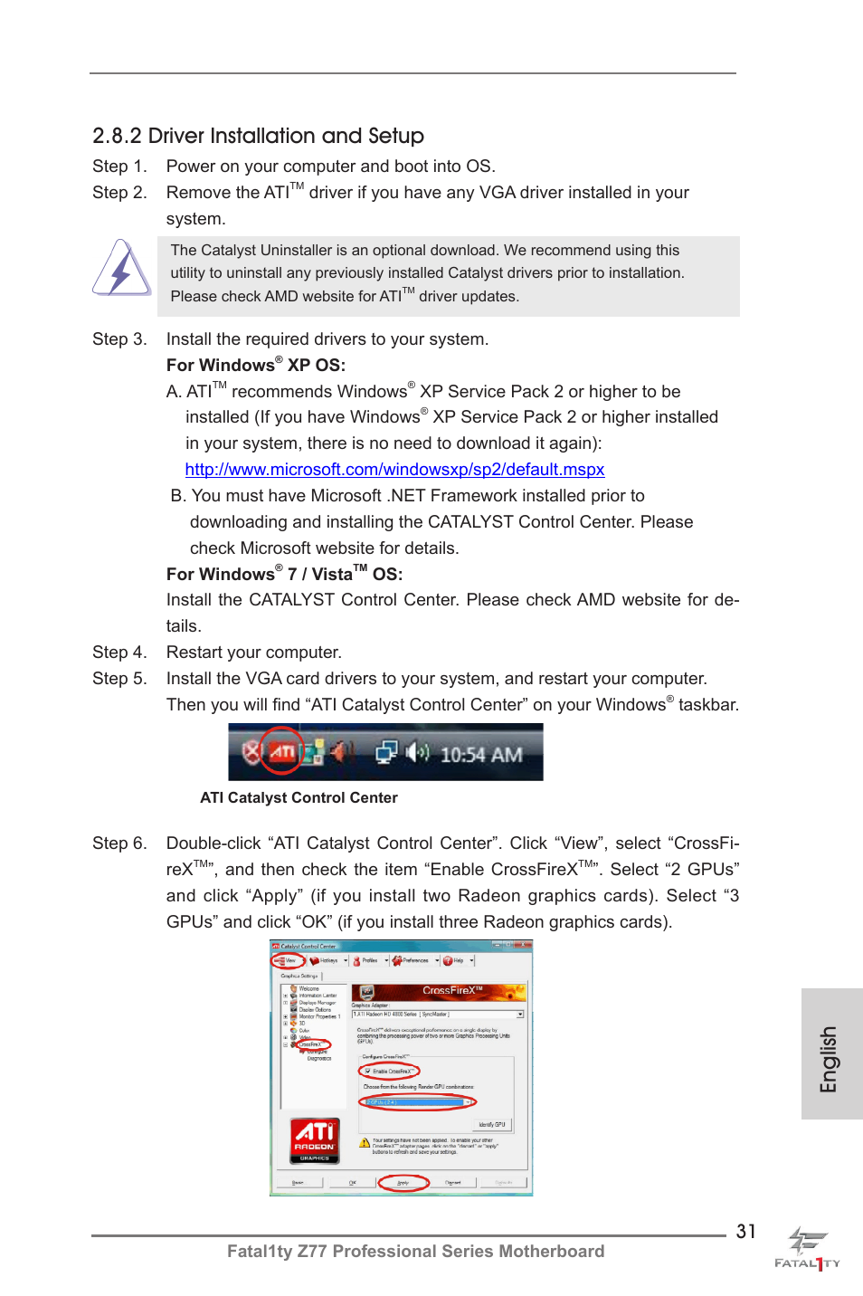 English, 2 driver installation and setup | ASRock Fatal1ty Z77 Professional User Manual | Page 31 / 243