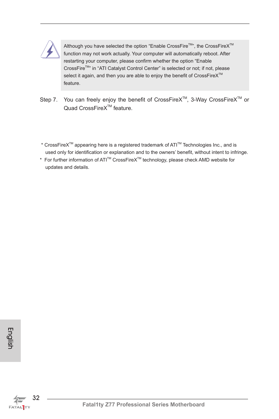 English, Fatal1ty z77 professional series motherboard, Way crossfirex | Or quad crossfirex, Feature | ASRock Fatal1ty Z77 Professional User Manual | Page 32 / 243