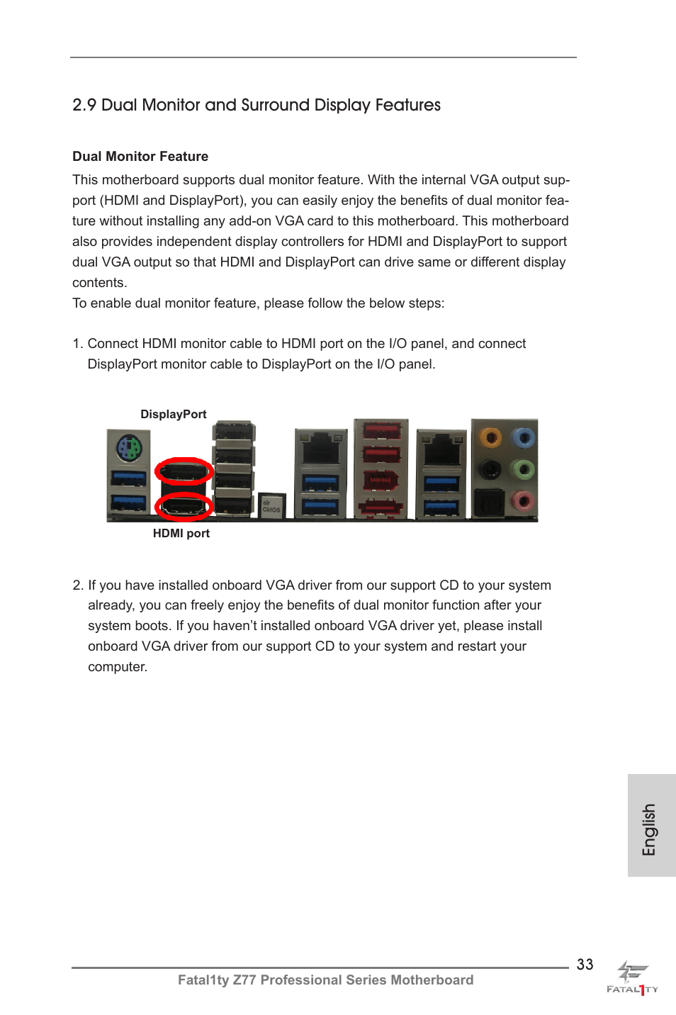 English, 9 dual monitor and surround display features | ASRock Fatal1ty Z77 Professional User Manual | Page 33 / 243