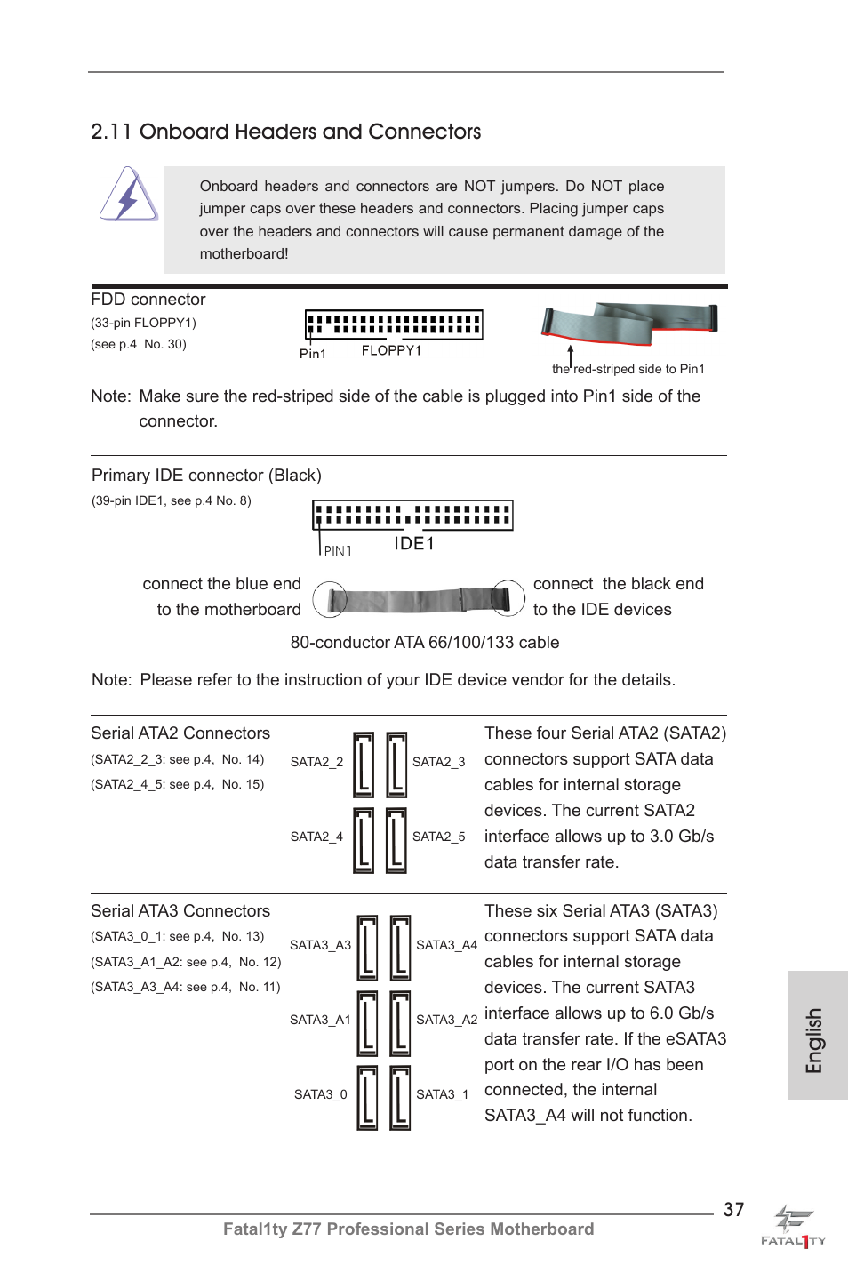 English 2.11 onboard headers and connectors | ASRock Fatal1ty Z77 Professional User Manual | Page 37 / 243