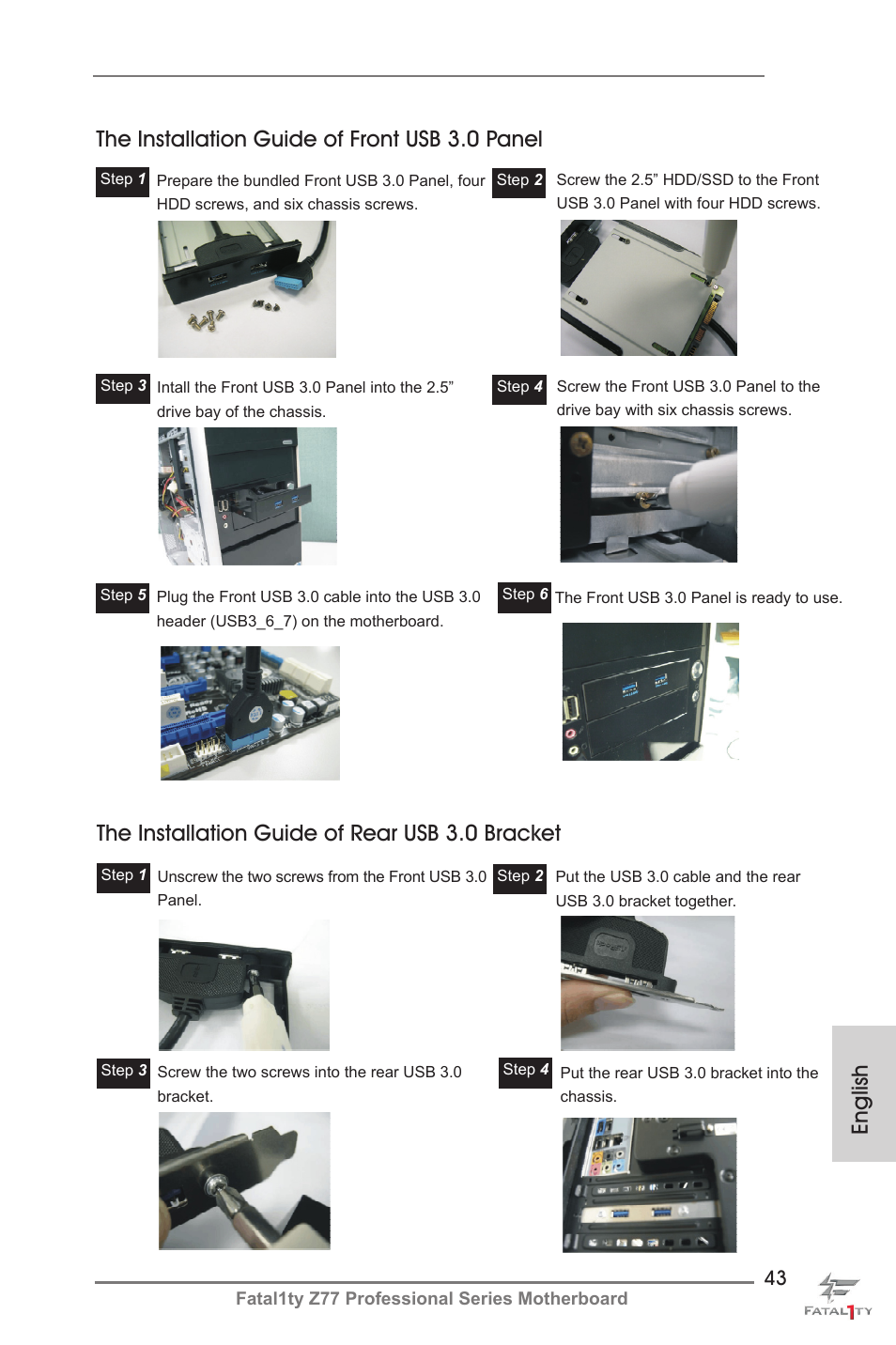 The installation guide of rear usb 3.0 bracket | ASRock Fatal1ty Z77 Professional User Manual | Page 43 / 243