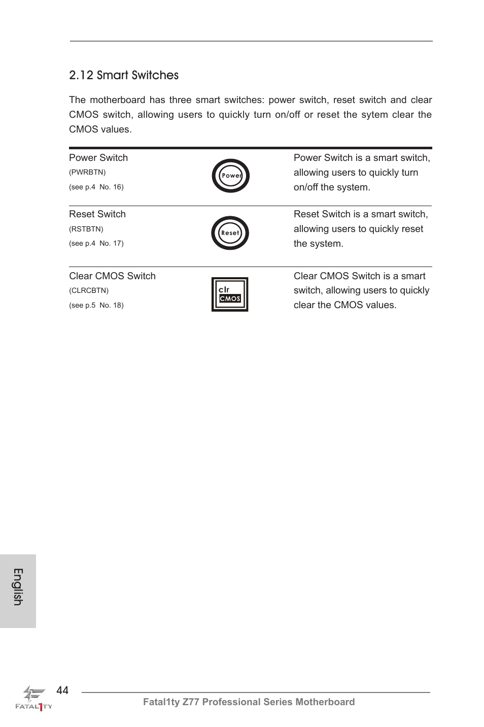English, 12 smart switches | ASRock Fatal1ty Z77 Professional User Manual | Page 44 / 243