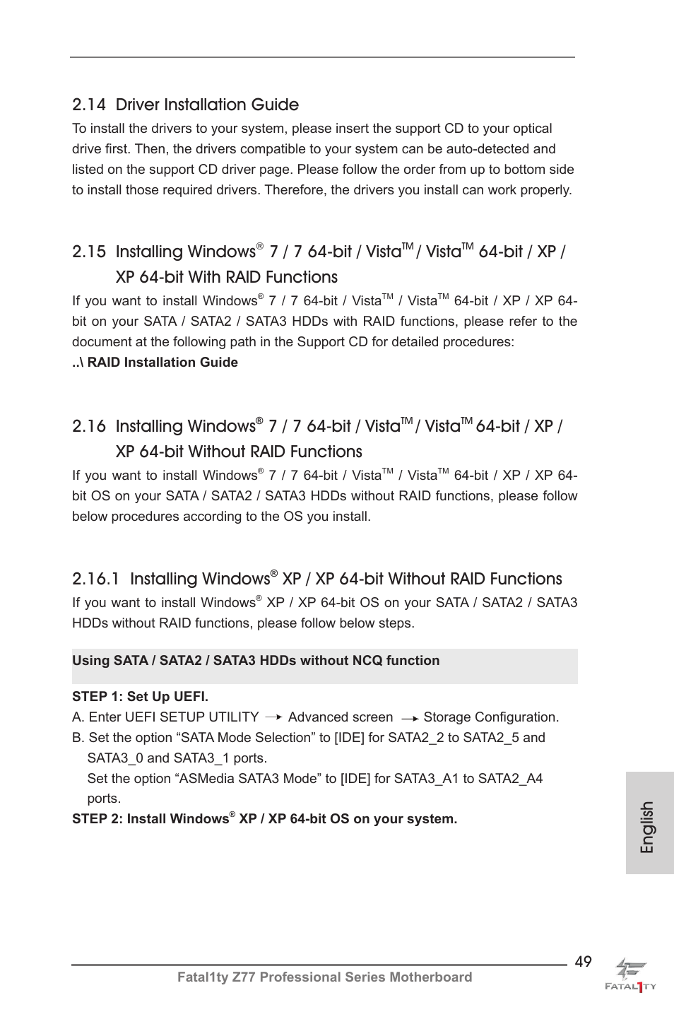 English 2.14 driver installation guide, 15 installing windows, 7 / 7 64-bit / vista | Vista, Bit / xp / xp 64-bit with raid functions, 16 installing windows, Bit / xp / xp 64-bit without raid functions, 1 installing windows, Xp / xp 64-bit without raid functions | ASRock Fatal1ty Z77 Professional User Manual | Page 49 / 243