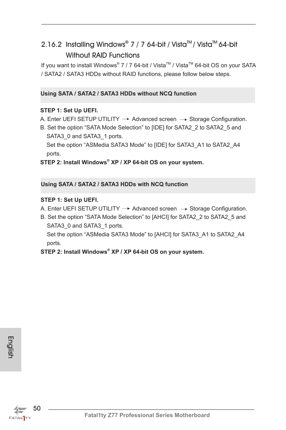 English 2.16.2 installing windows, 7 / 7 64-bit / vista, Vista | Bit without raid functions | ASRock Fatal1ty Z77 Professional User Manual | Page 50 / 243