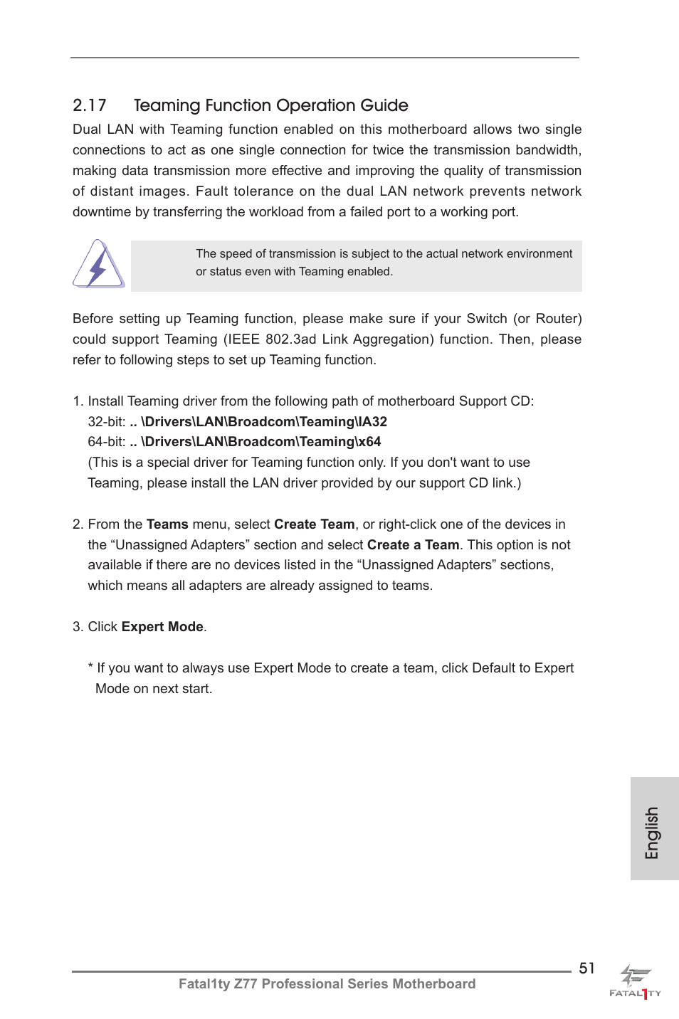 English 2.17 teaming function operation guide | ASRock Fatal1ty Z77 Professional User Manual | Page 51 / 243