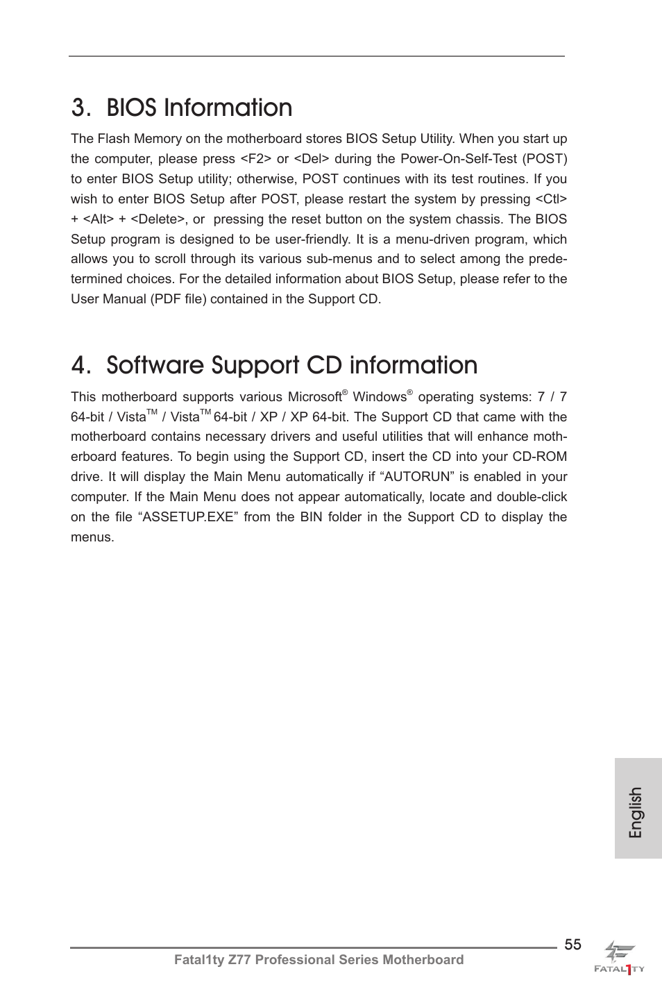 Bios information, Software support cd information, English | ASRock Fatal1ty Z77 Professional User Manual | Page 55 / 243
