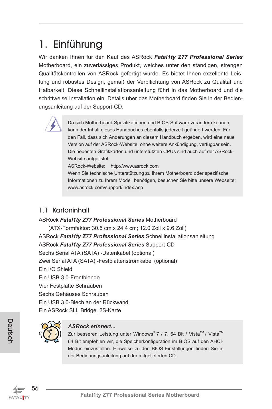 German, Einführung, 1 kartoninhalt | Deutsch | ASRock Fatal1ty Z77 Professional User Manual | Page 56 / 243