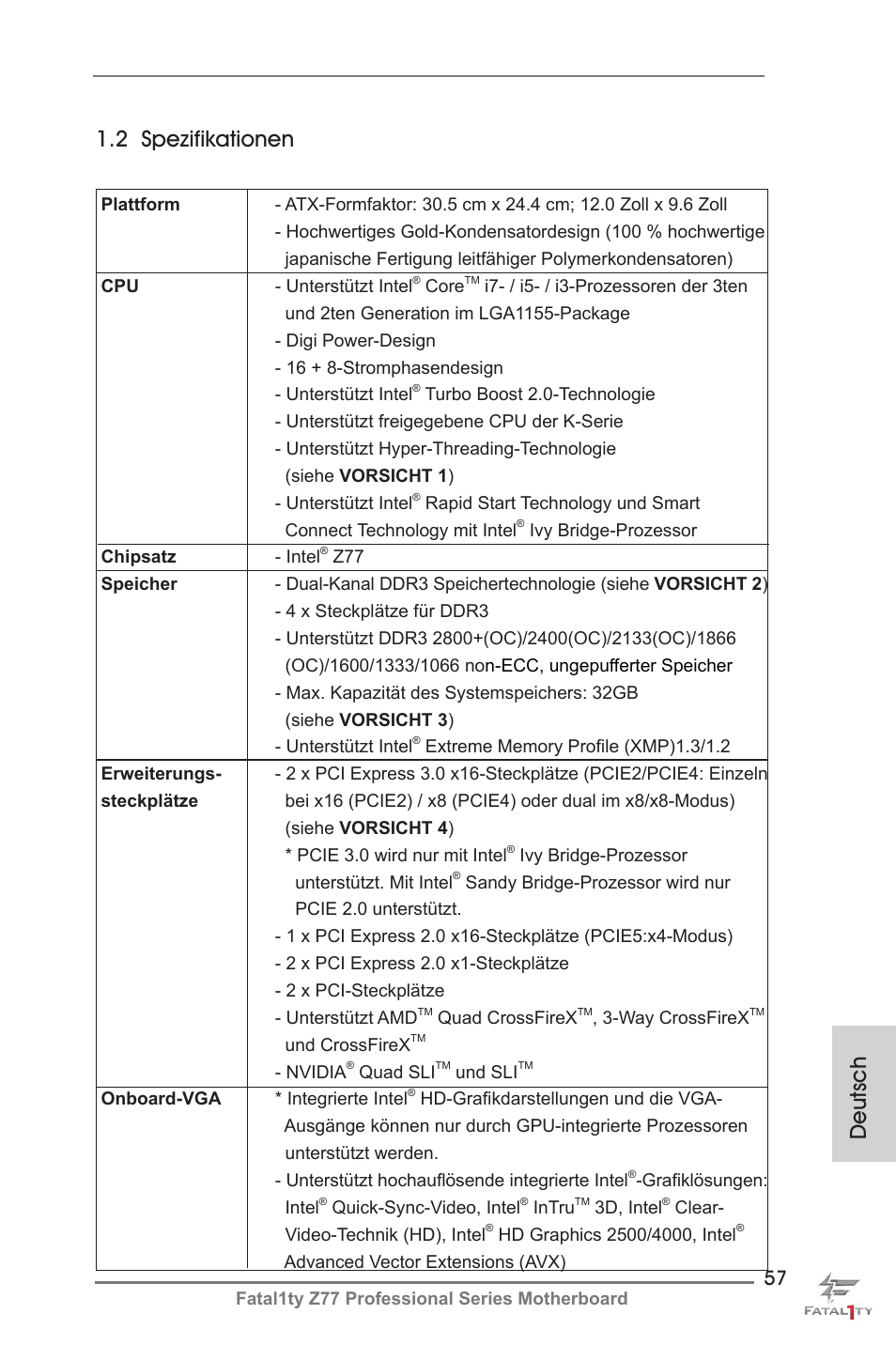 Deutsch 1.2 spezifikationen | ASRock Fatal1ty Z77 Professional User Manual | Page 57 / 243