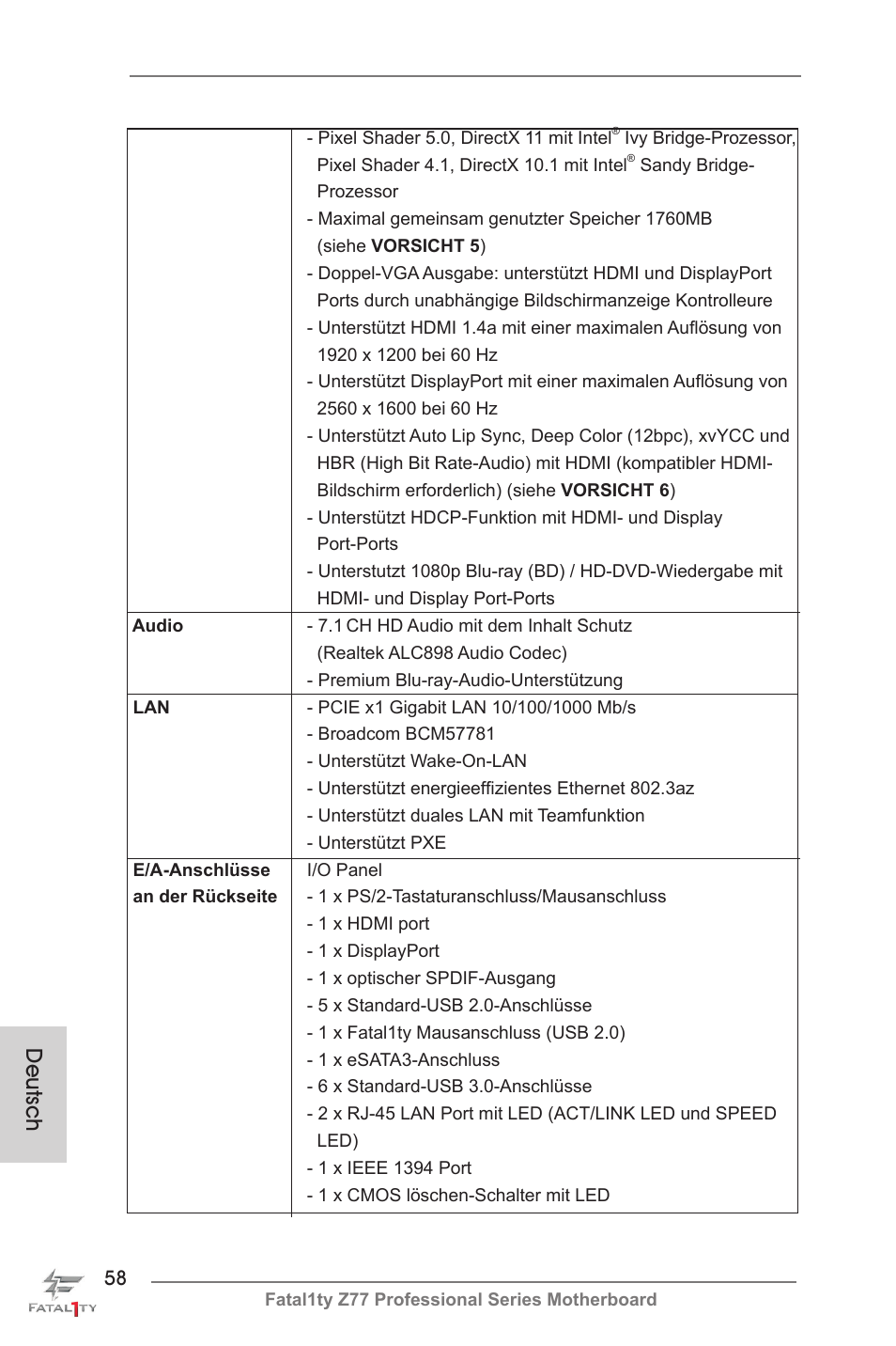 Deutsch | ASRock Fatal1ty Z77 Professional User Manual | Page 58 / 243