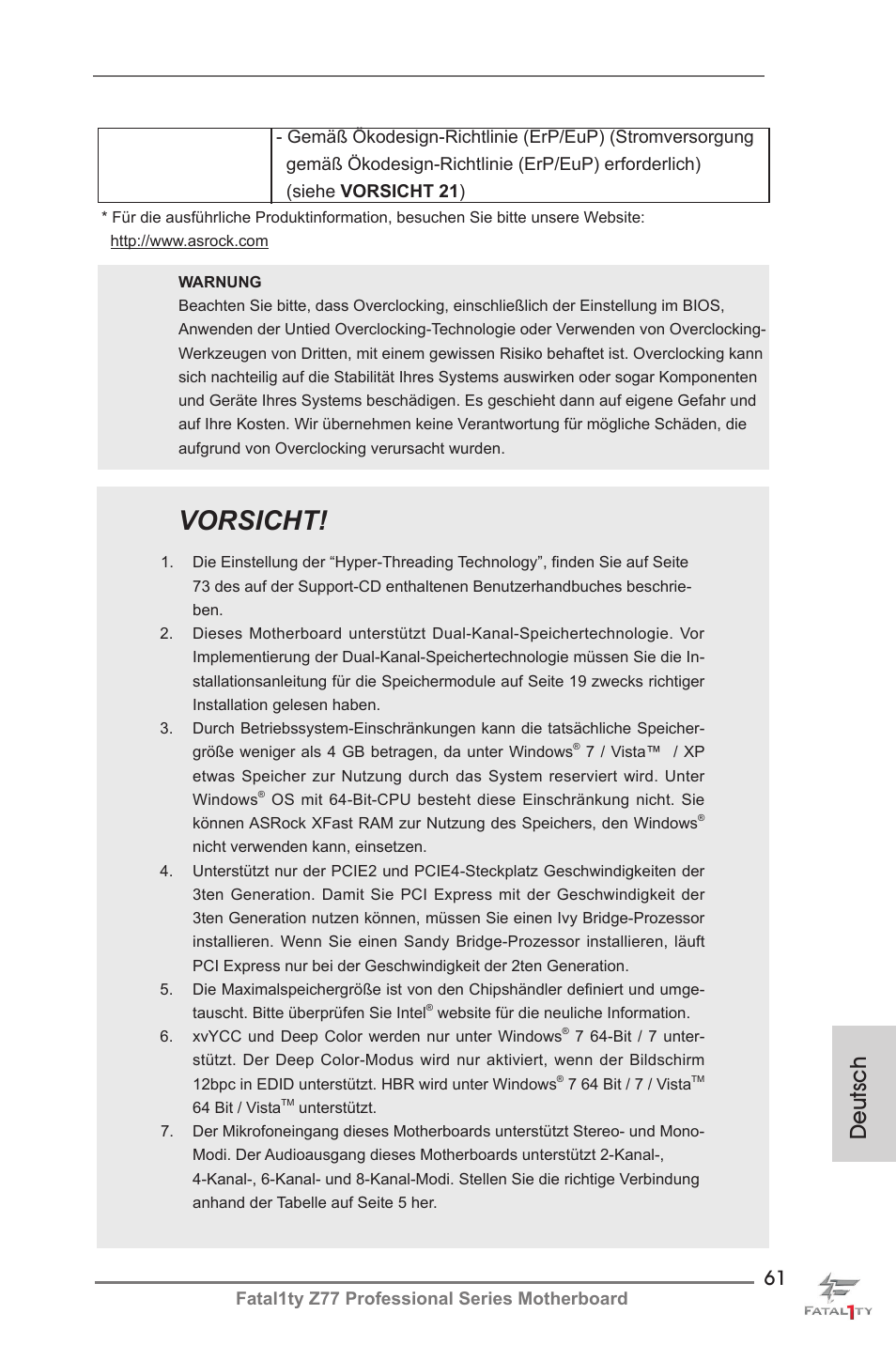 Vorsicht, Deutsch | ASRock Fatal1ty Z77 Professional User Manual | Page 61 / 243