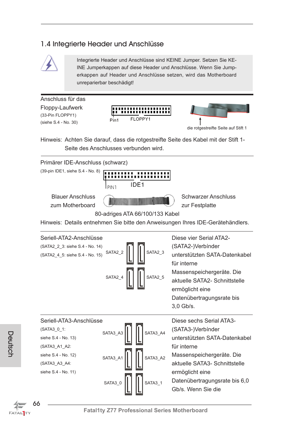 Deutsch, 4 integrierte header und anschlüsse | ASRock Fatal1ty Z77 Professional User Manual | Page 66 / 243