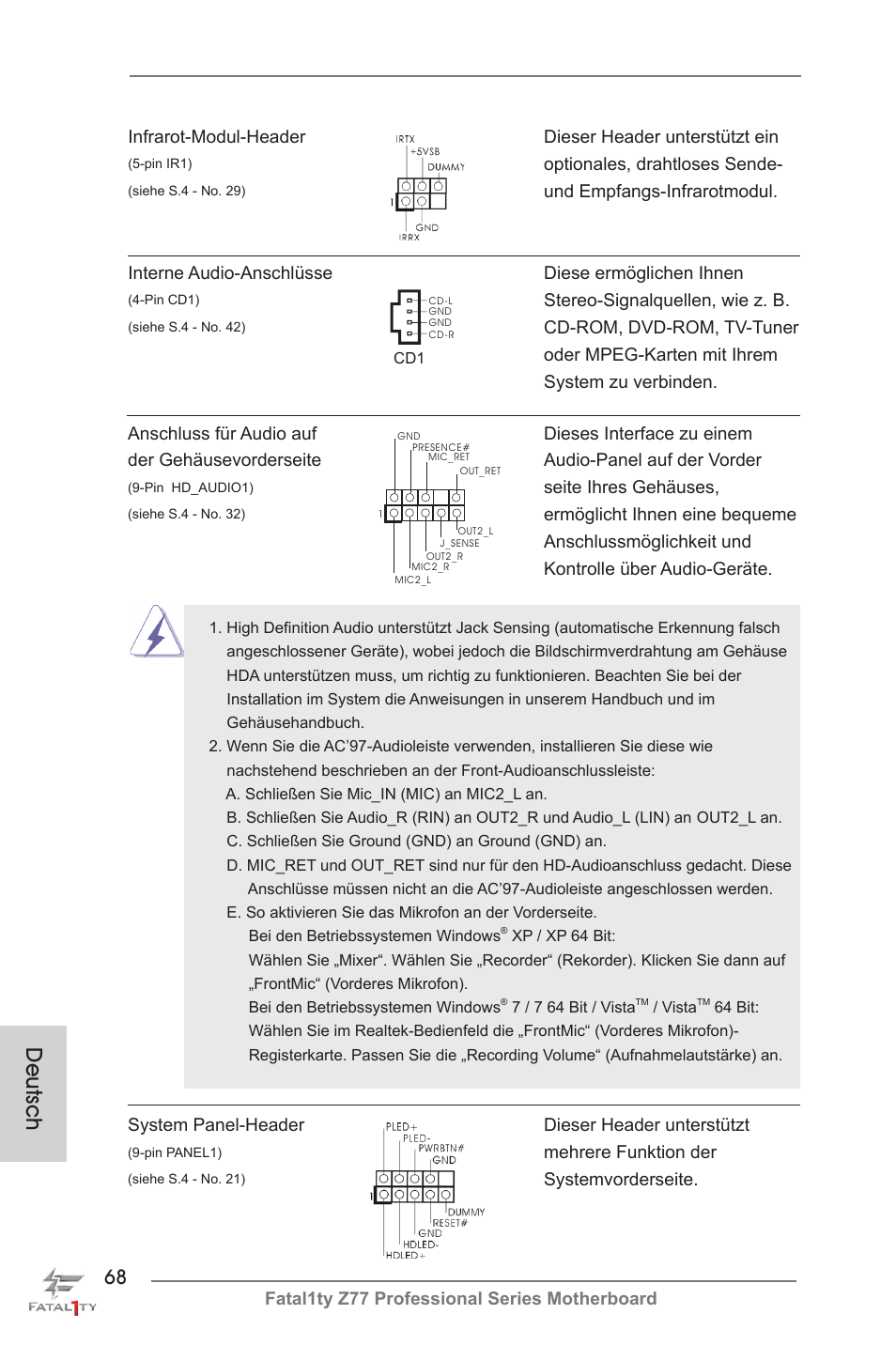 Deutsch | ASRock Fatal1ty Z77 Professional User Manual | Page 68 / 243