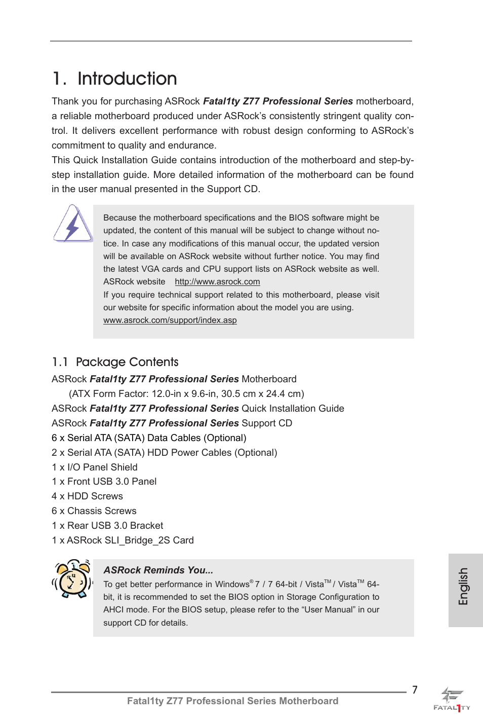 Introduction, 1 package contents, English | ASRock Fatal1ty Z77 Professional User Manual | Page 7 / 243