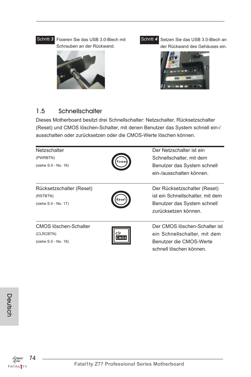 5 schnellschalter, Deutsch | ASRock Fatal1ty Z77 Professional User Manual | Page 74 / 243