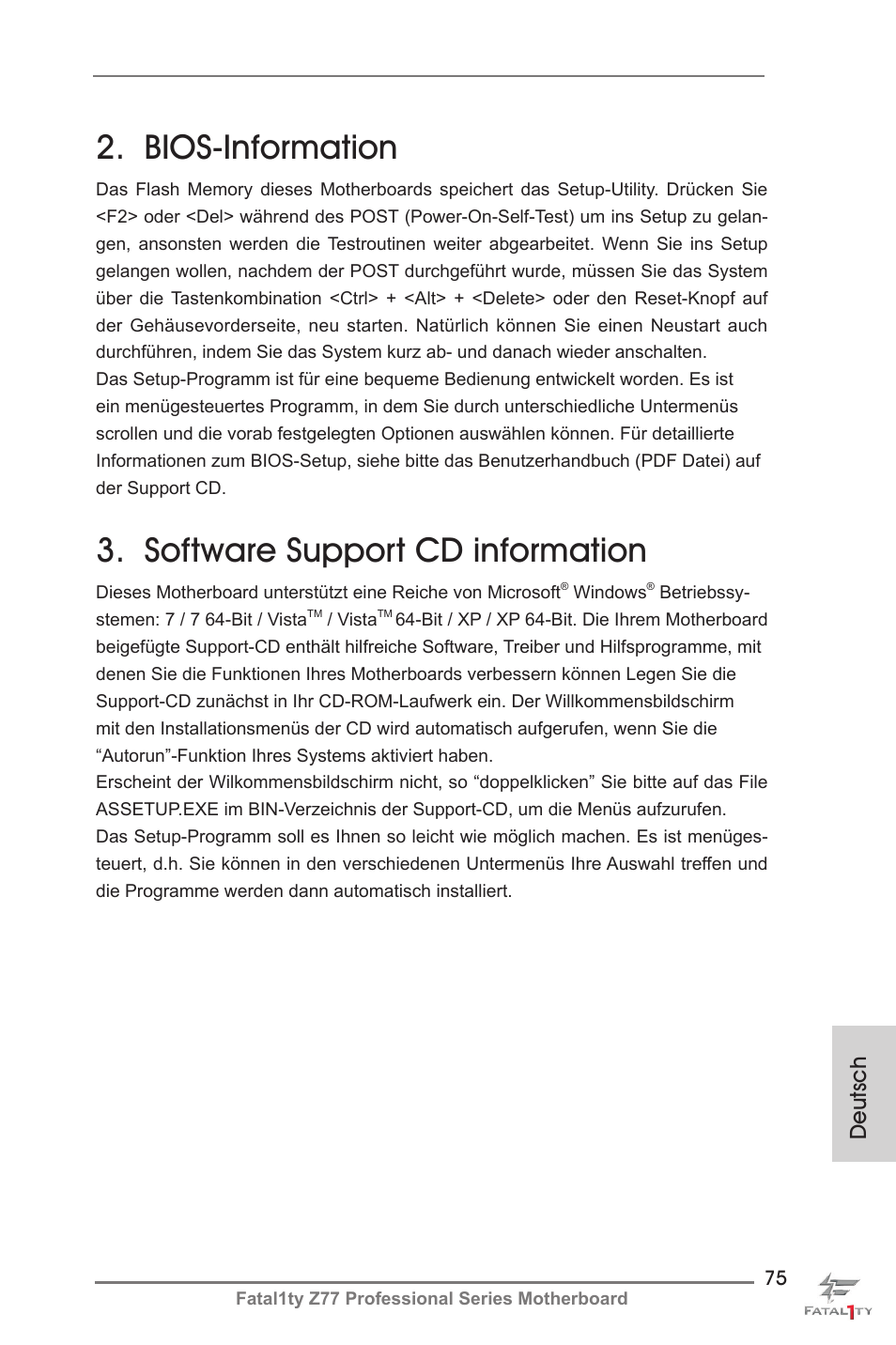 Bios-information, Software support cd information, Deutsch | ASRock Fatal1ty Z77 Professional User Manual | Page 75 / 243