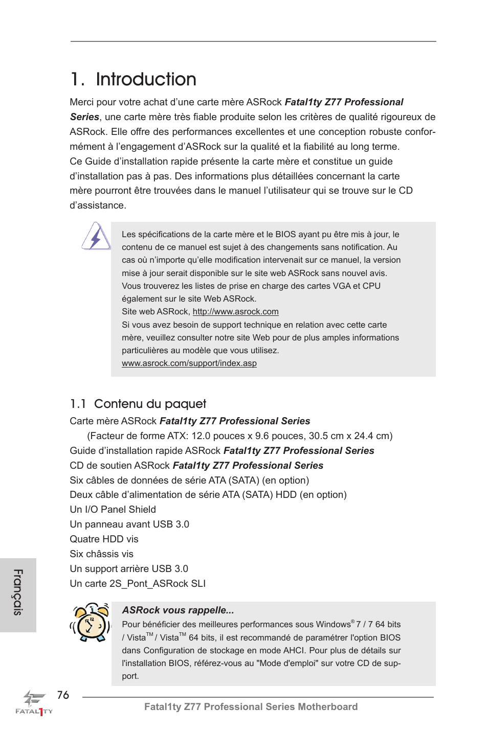 French, Introduction, 1 contenu du paquet | Français | ASRock Fatal1ty Z77 Professional User Manual | Page 76 / 243